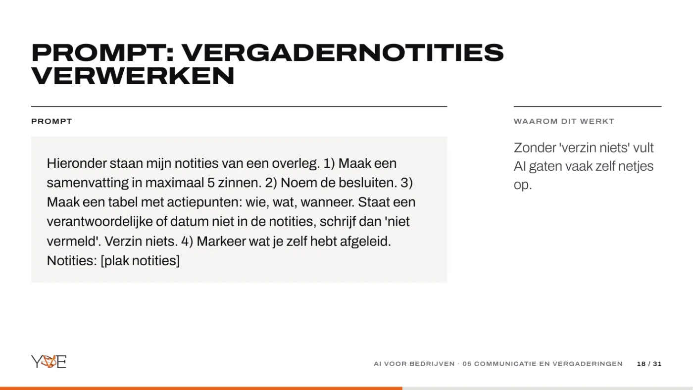 Dia: prompt om vergadernotities te verwerken tot samenvatting, besluiten en actiepunten.