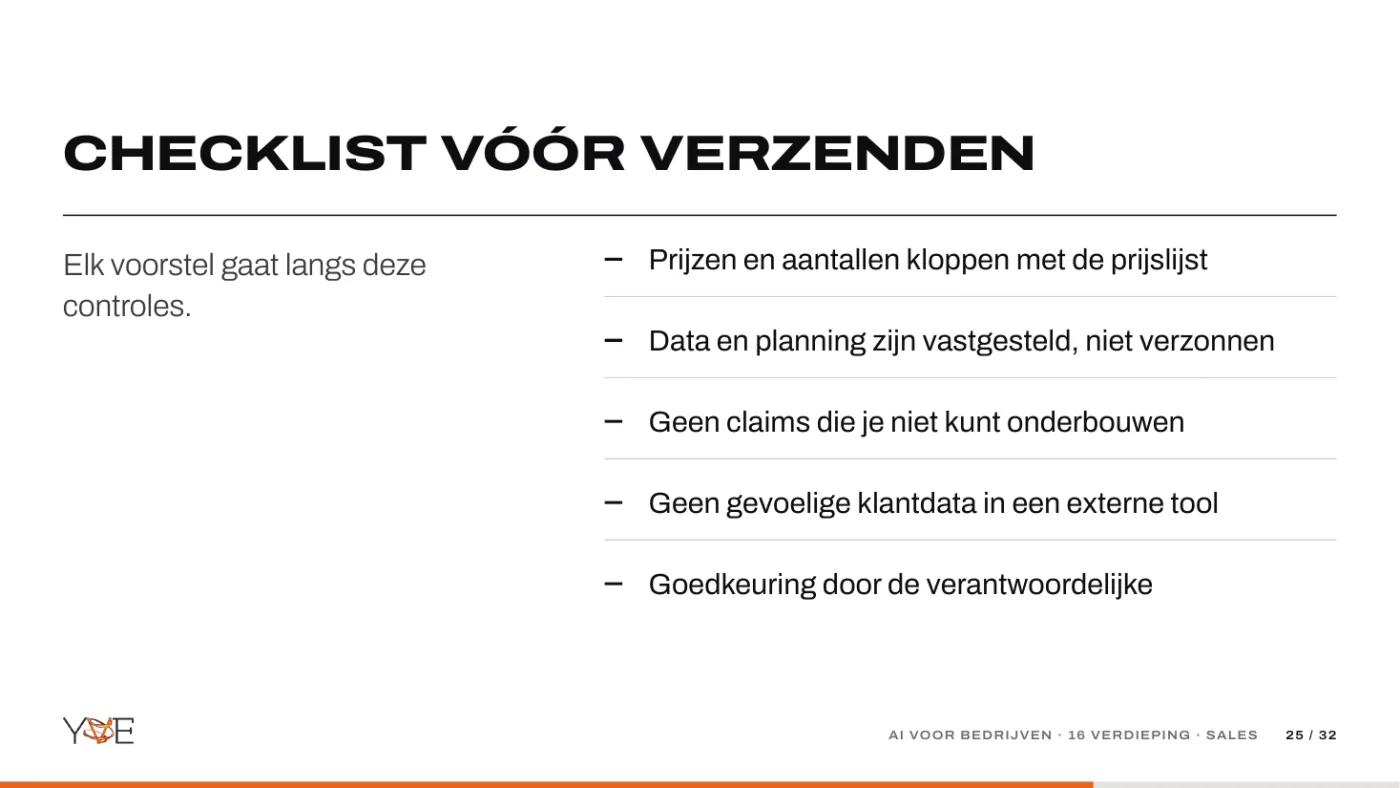 Dia: checklist vóór verzenden met vijf controles voor elk voorstel.